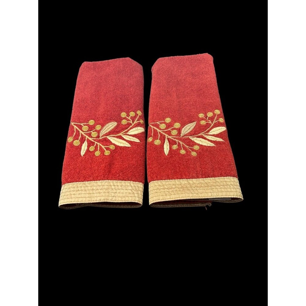 Vintage Avanti Rust w Gold Hand Towel Embroidered Leaves & Berries Set of 2